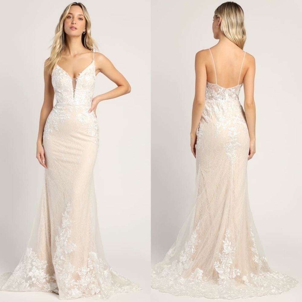 Lulus Glimmer of Love White Embroidered Lace Mermaid Maxi Dress Wedding Bride